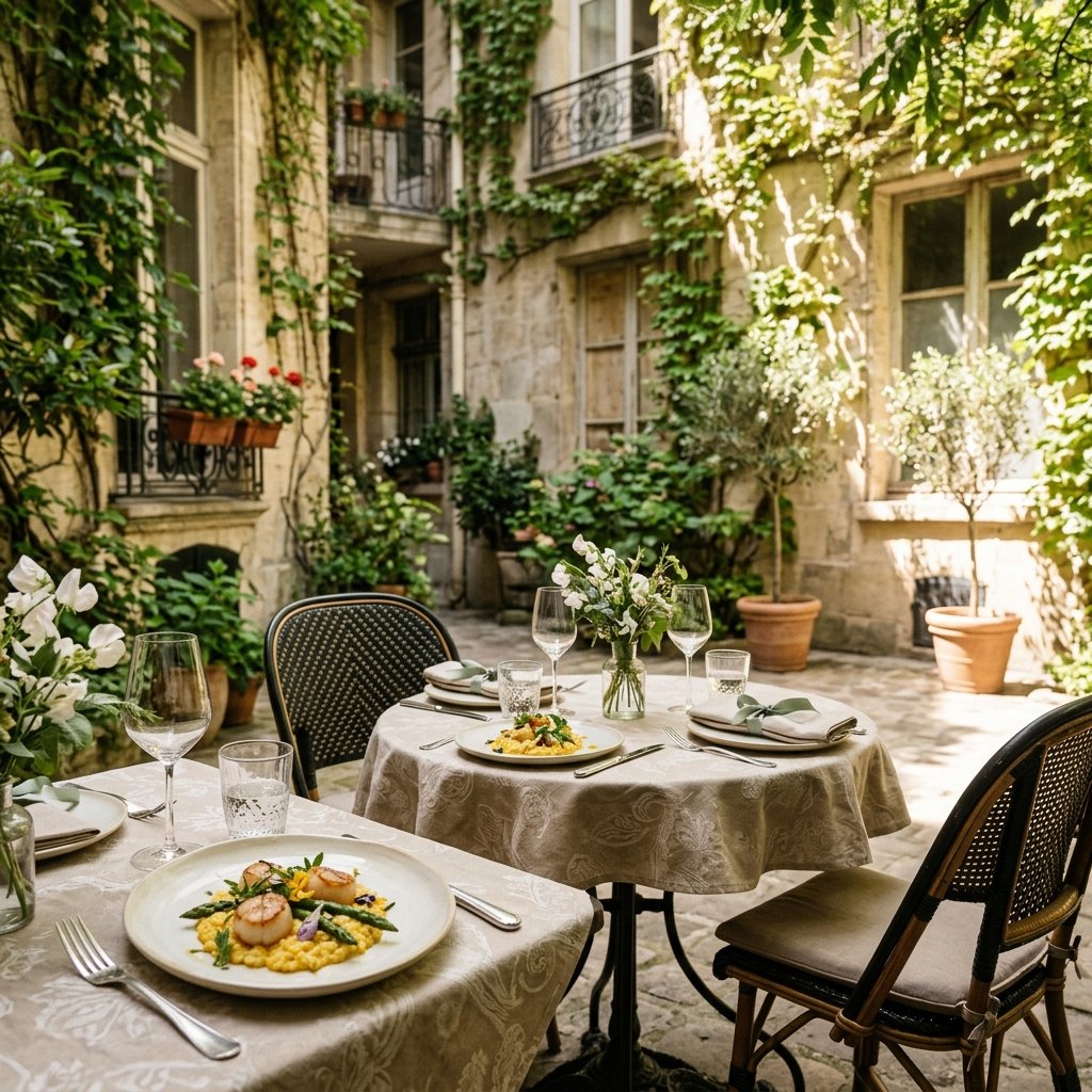 Cour intérieure ensoleillée et paisible du restaurant Sillage à Paris